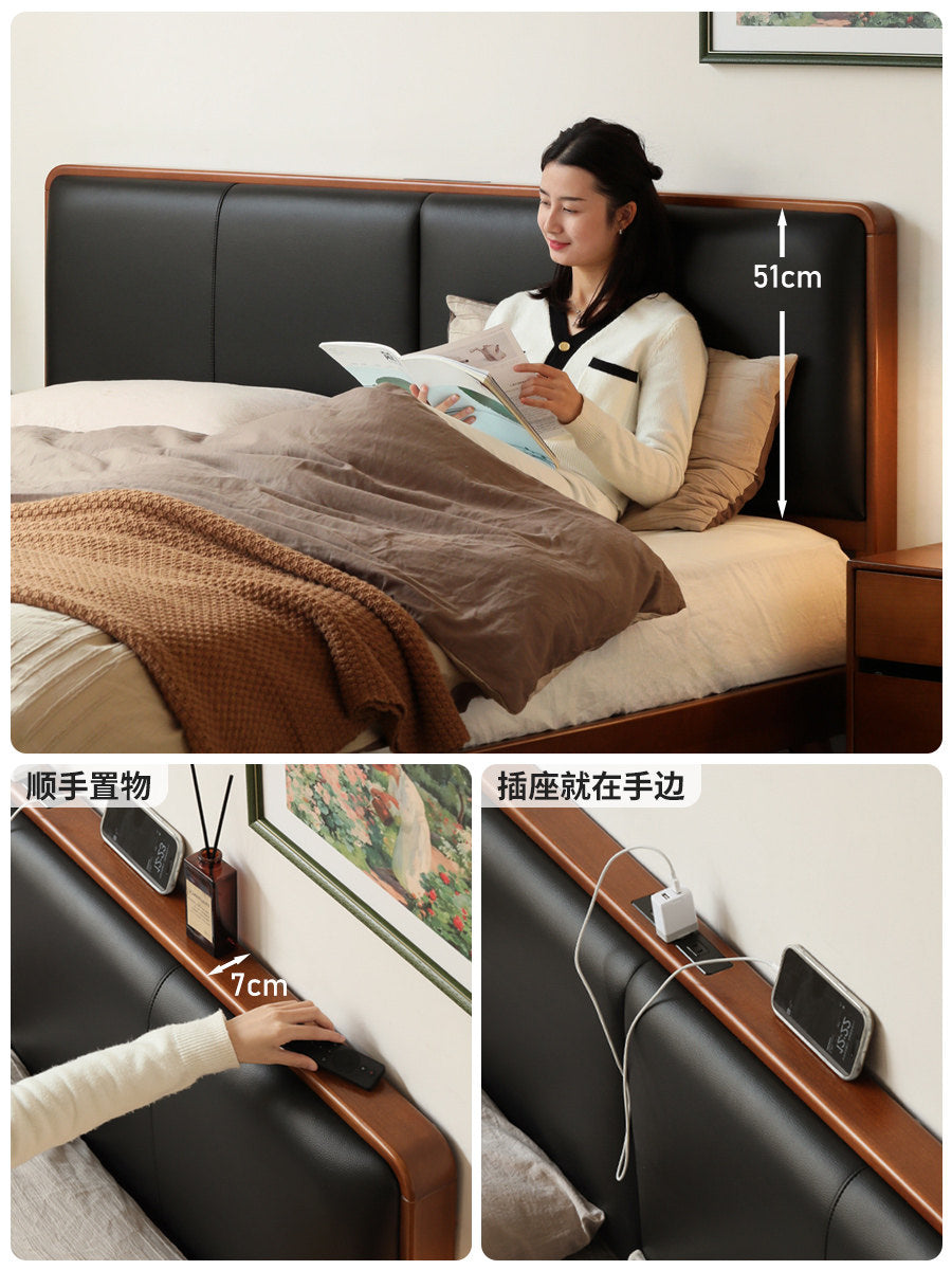 实木床复古软包床多功能白色软靠床柚木色悬浮床卧室家具